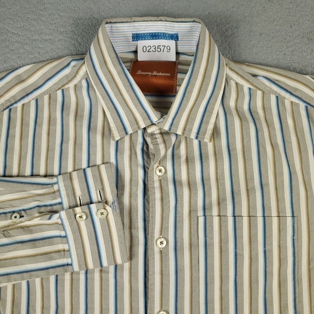 Tommy Bahama Shirt Mens Medium Beige Blue Stripe Casual Button Up Long Sleeve